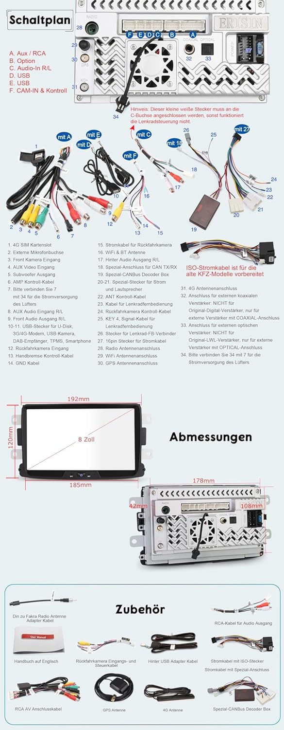 Erisin 8" Qualcomm 8-Kern 4GB+64GB Autoradio Bluetooth Android 14 GPS Navi für Renault Dacia Duster