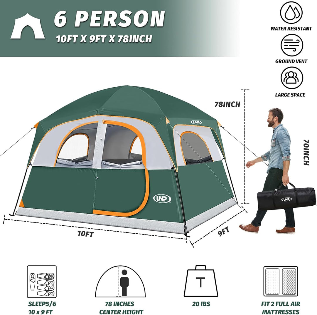 UNP Tents 6 Person Waterproof Windproof Easy Setup,Double Layer Family Camping Tent with 1 Mesh Door