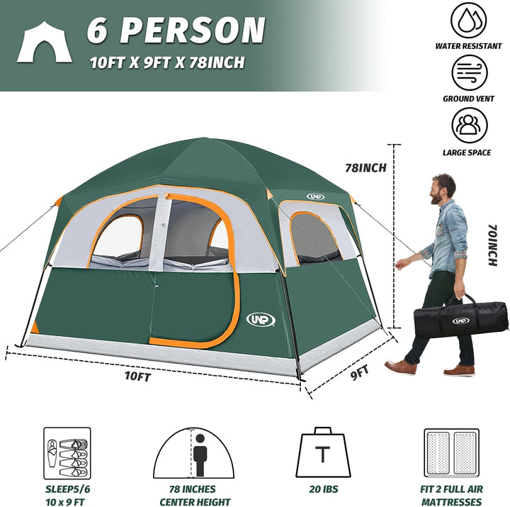 UNP Tents 6 Person Waterproof Windproof Easy Setup,Double Layer Family Camping Tent with 1 Mesh Door