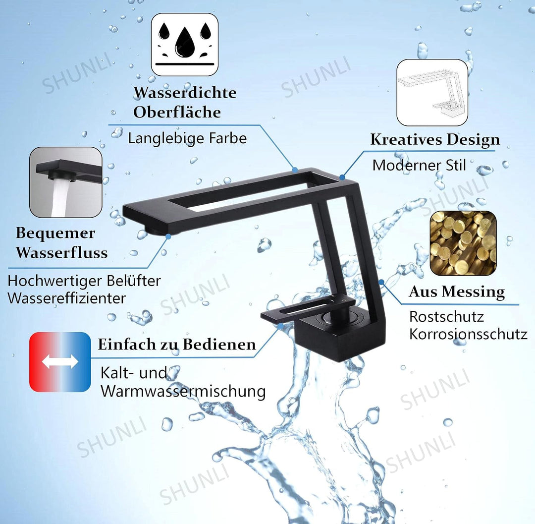 SHUNLI Badarmatur Schwarz Waschtischarmatur, Modern Wasserhahn Bad Mischbatterie, Badezimmer Armatur