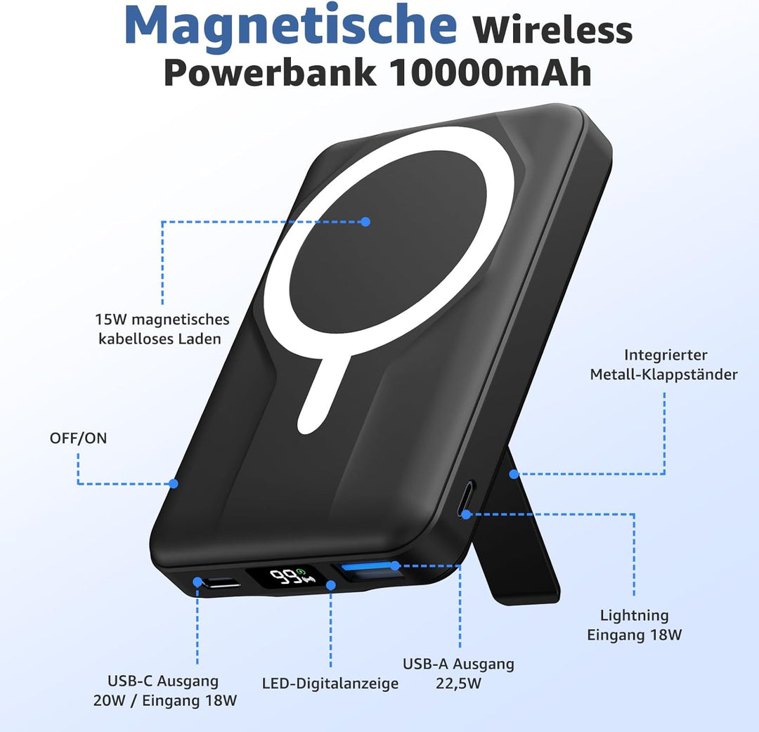 Magnetische Wireless Powerbank 10000mAh, Kompatibel mit MagSafe, Tragbare 15W Kabelloses Schnelllade