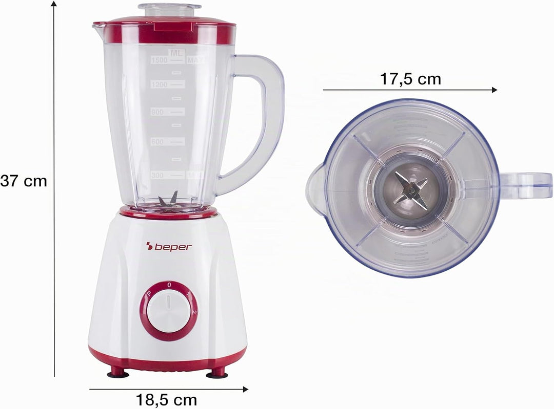 BEPER P102FRU501 Tischmixer 1,5 l – 400 W, 4 Klingen aus Edelstahl, 2 Geschwindigkeiten + Pulsfunkti