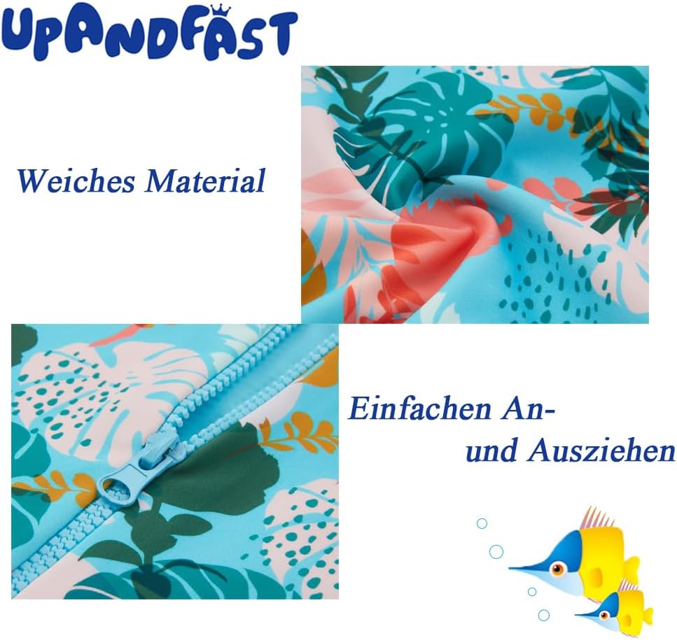 upandfast Baby Badeanzug mit Sonnenhut UPF 50+ Badebekleidung für Baby 6-9 Monate Blau Blätte, 6-9 M