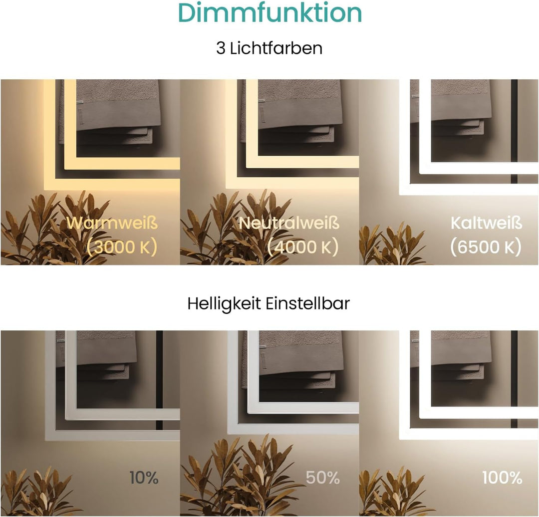 EMKE LED Badspiegel 70x50 cm mit Bewegungssensor, 3 dimmbare Lichtfarben, beschlagfrei, Touch, autom