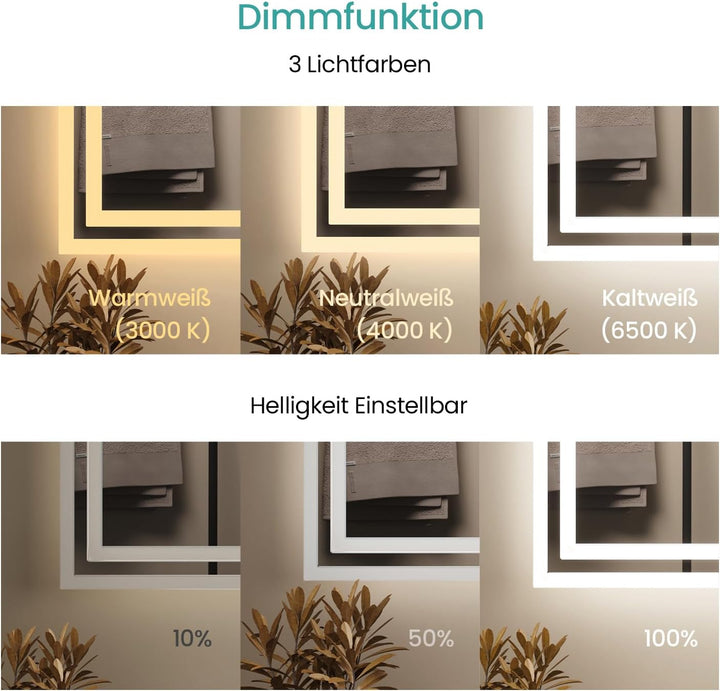 EMKE LED Badspiegel 70x50 cm mit Bewegungssensor, 3 dimmbare Lichtfarben, beschlagfrei, Touch, autom