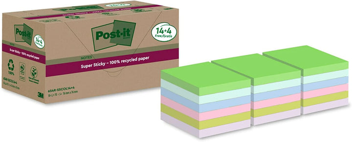 Post-it Super Sticky 100 % Recycling Notes, 14+4 GRATIS-Blöcke/Packung, 70 Blätter pro Block, 76 mm