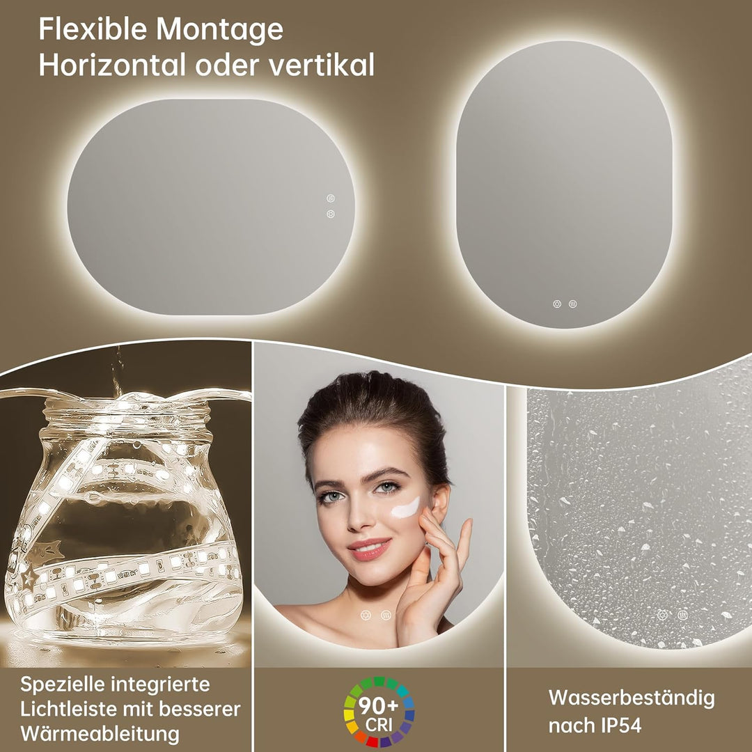 Spiegel mit Beleuchtung Oval LED Badspiegel 60 x 80 cm mit Touch-Schalter, Dimmbar 3 Lichtfarbe Eins