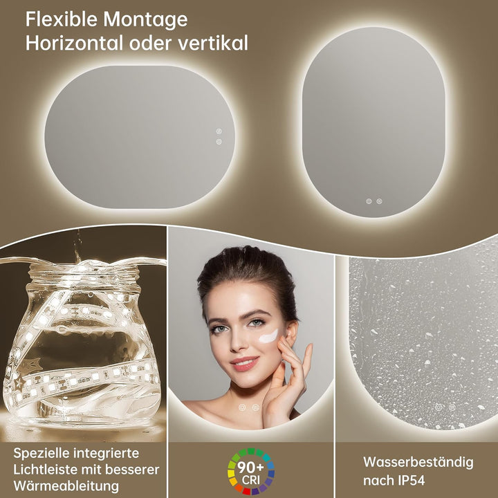 Spiegel mit Beleuchtung Oval LED Badspiegel 60 x 80 cm mit Touch-Schalter, Dimmbar 3 Lichtfarbe Eins