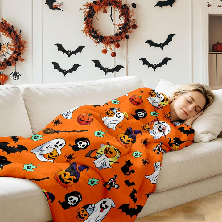 Halloween Decke 150x200,Weiche Flanell Kuscheldecke mit kürbis und Geist Motiv,für Sofadecke (Hallow