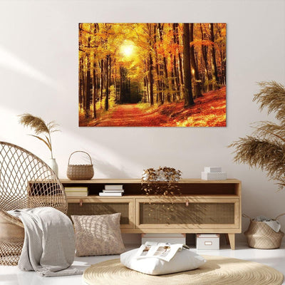 Bilder auf Leinwand 100x70cm Leinwandbild mit Rahmen Pfad Blätter Wald Gross Wanddeko Bild Schlafzim