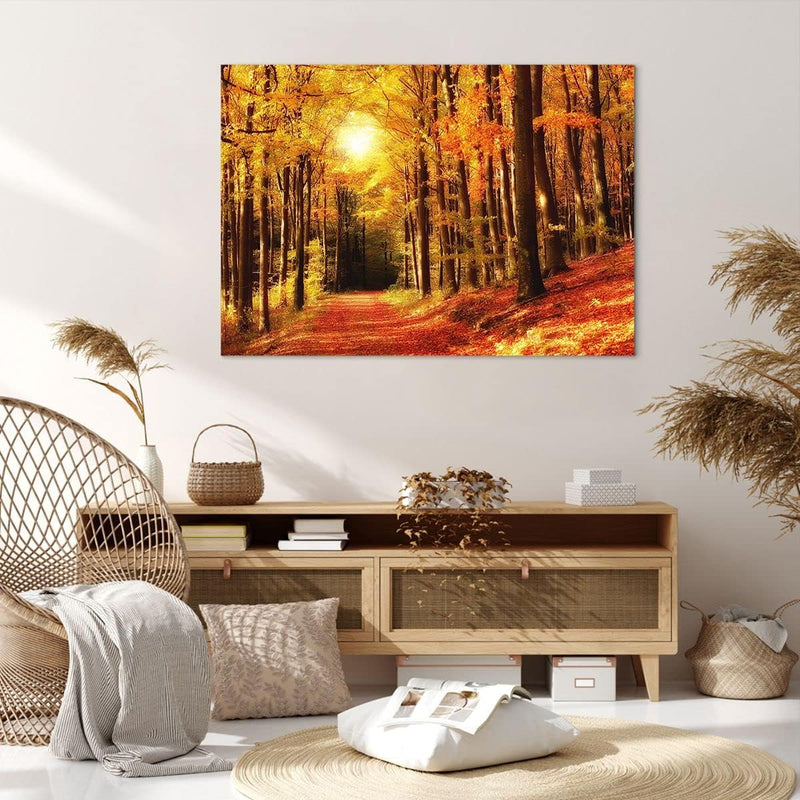 Bilder auf Leinwand 100x70cm Leinwandbild mit Rahmen Pfad Blätter Wald Gross Wanddeko Bild Schlafzim