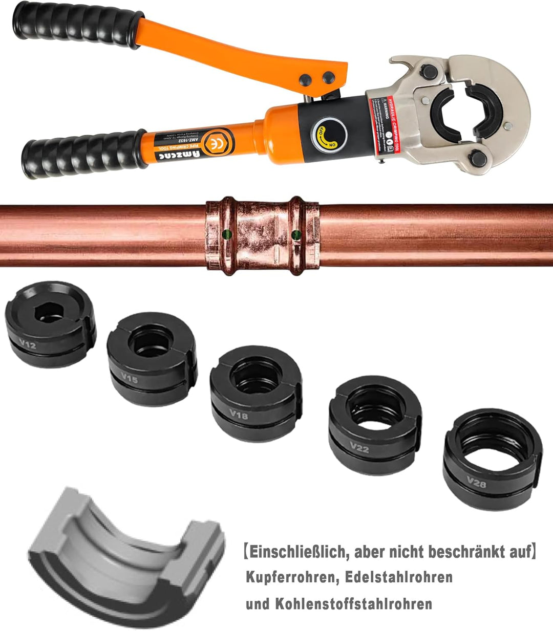 AMZCNC Profi Presszange V-Kontur 12-15-18-22-28 Set Presswerkzeug mit 180° drehbarem Kopf,für Kupfer