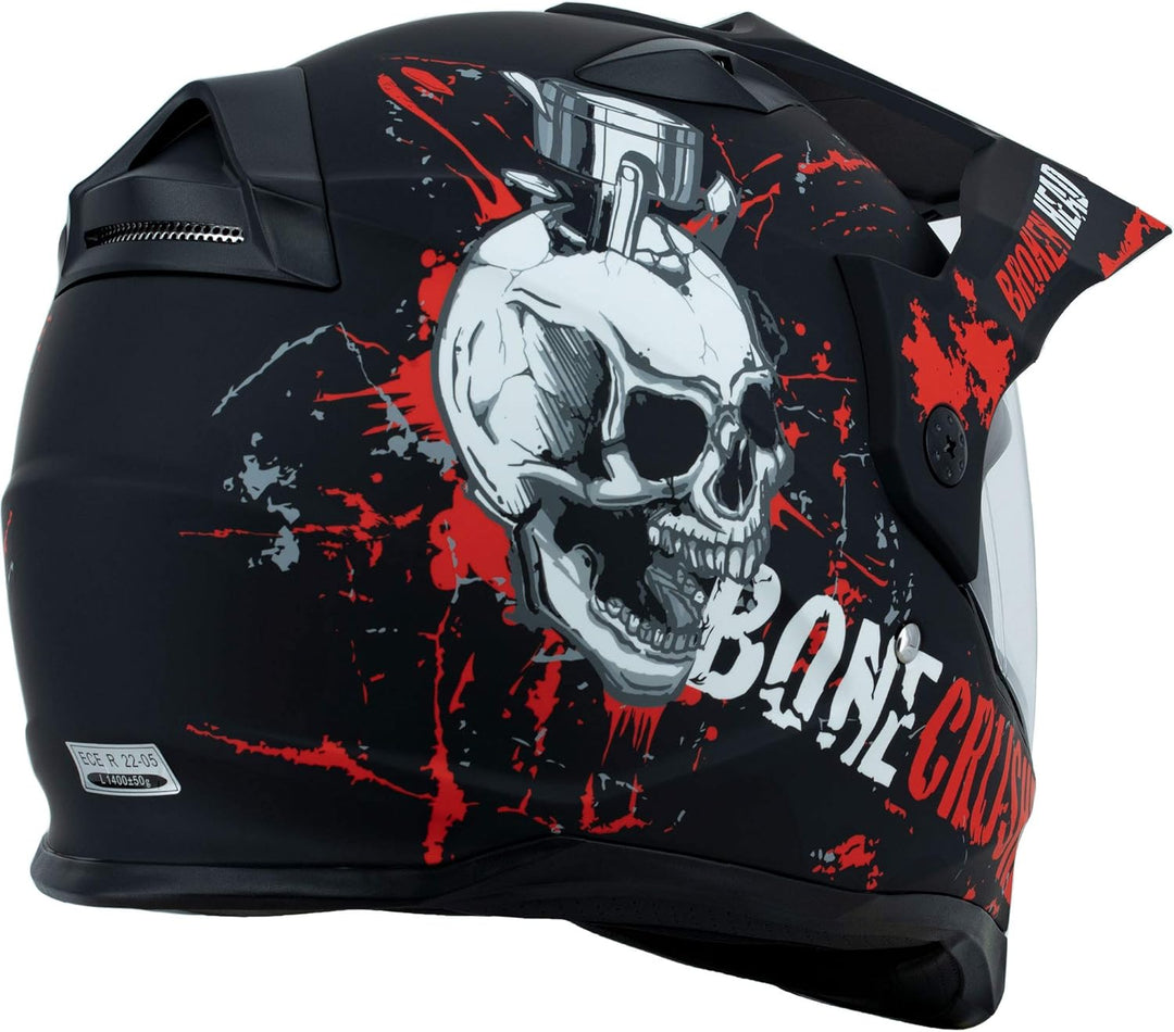 Broken Head Bone Crusher Motocross-Helm Rot mit Visier - Enduro MX Cross-Helm - Motorradhelm mit Son