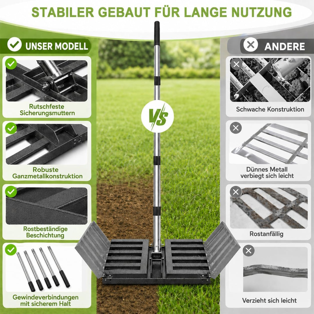 Rasen-Nivellierrechen 76 x 25 cm, Stiel 85-195 cm | Robuster Eisenkopf, Edelstahlstiel, faltbare 40