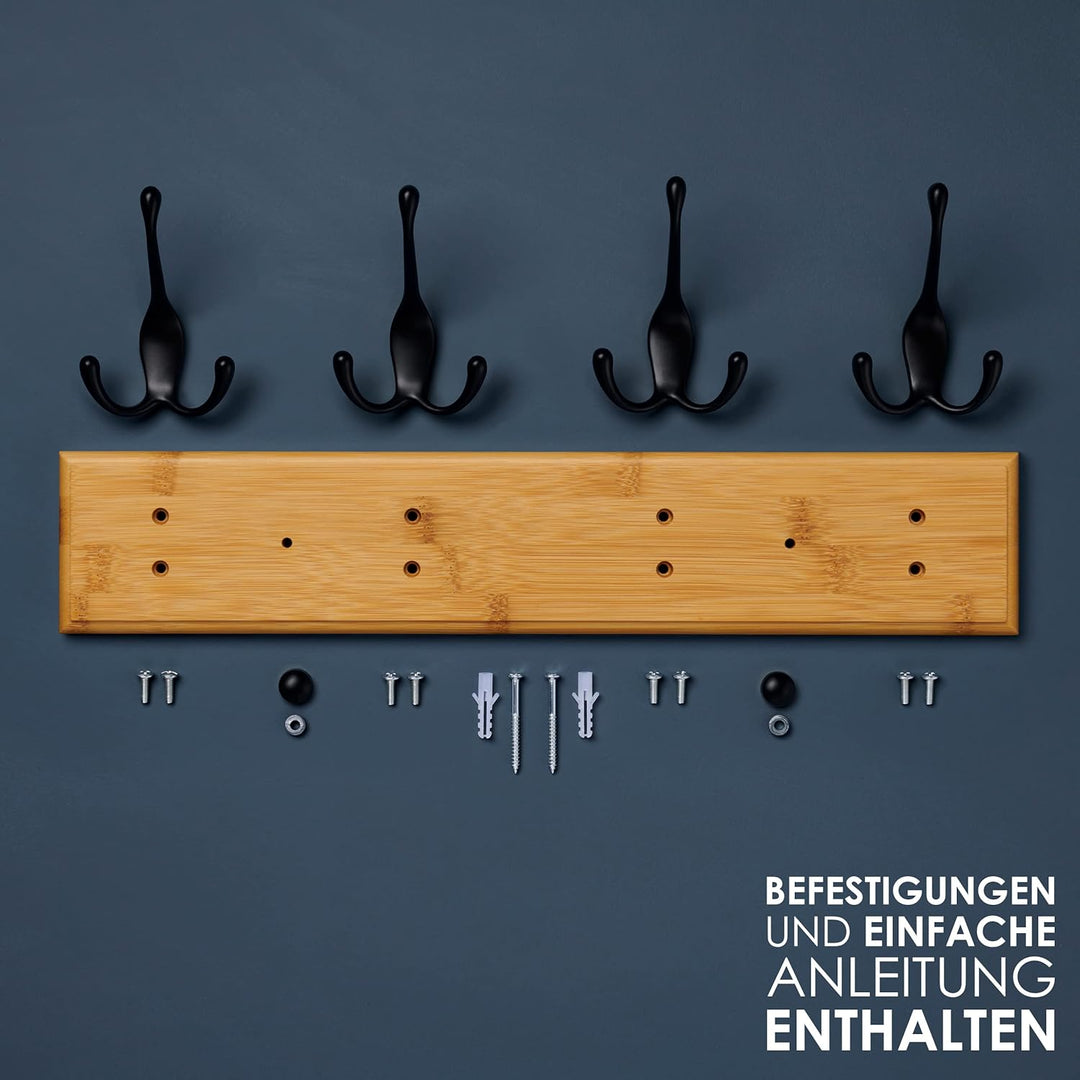 LARHN Garderobenhaken Holz - Garderobenleiste Holz mit 4 Haken in Schwarz - 42 cm - Kleiderhaken Wan