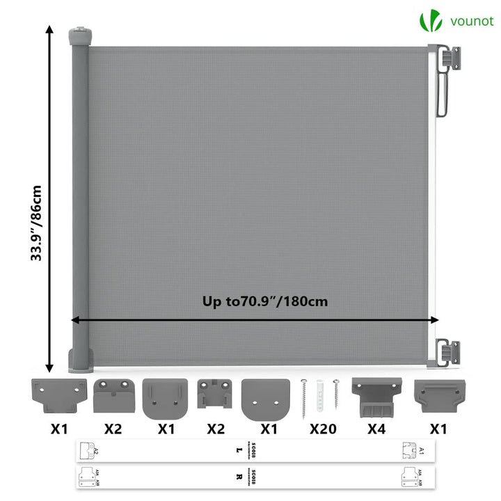 VOUNOT Türschutzgitter Roll 0-180cm, Treppenschutzgitter Ausziehbar Treppenschutzrollo Einziehbares