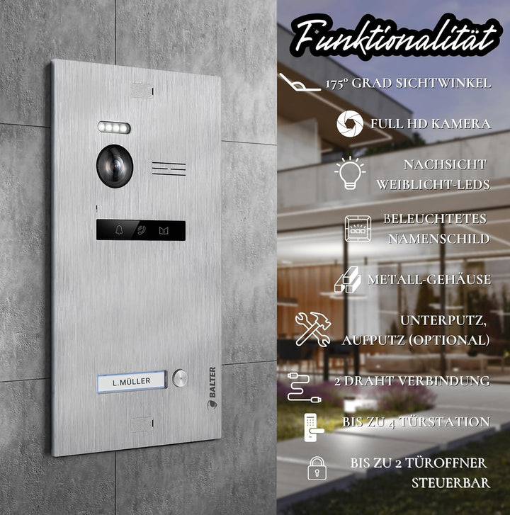 SCHUTZER Balter EVO HD Video Türklingel mit Kamera, 2 Draht Türsprechanlage 1 Familienhaus, 2x7 Zoll
