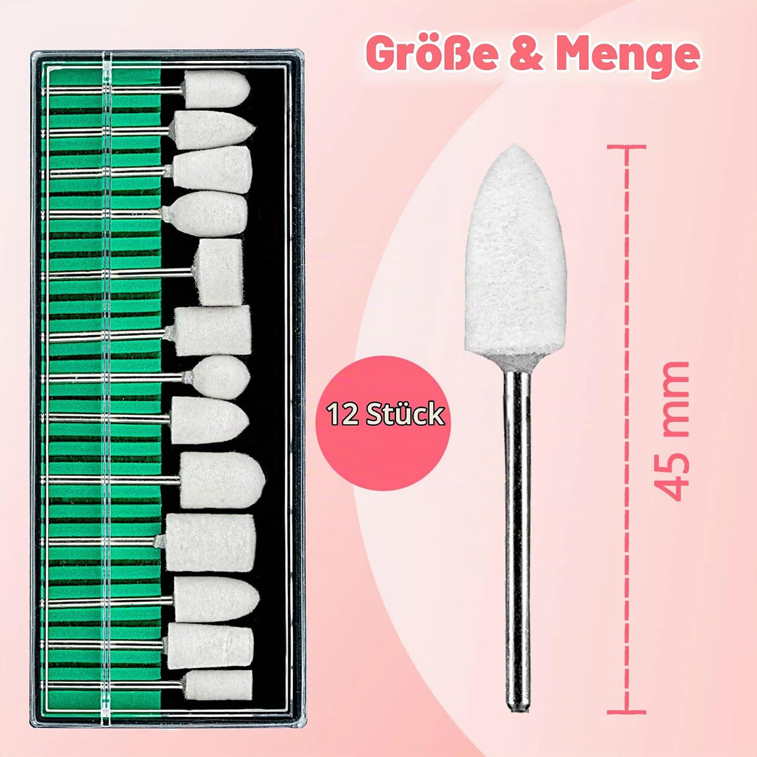 12 Teilig Filzpolierer Set Ersatzaufsätze | Schleifkörperset für Maniküre Pediküre Nagelpflege | Nag