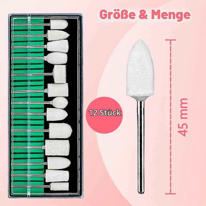 12 Teilig Filzpolierer Set Ersatzaufsätze | Schleifkörperset für Maniküre Pediküre Nagelpflege | Nag