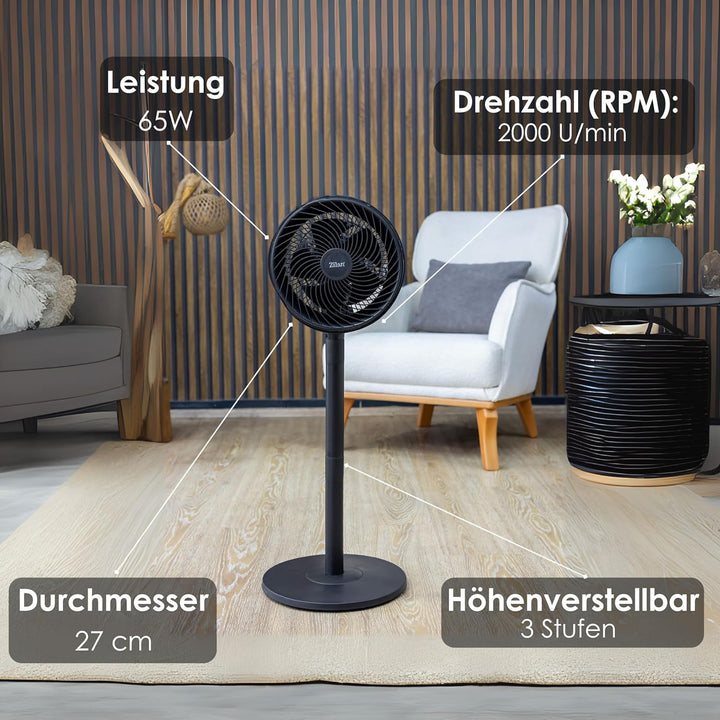 Zilan Standventilator 65 Watt kraftvoller Ventilator sehr leise energiesparend 3 Stufen hoher Luftdu