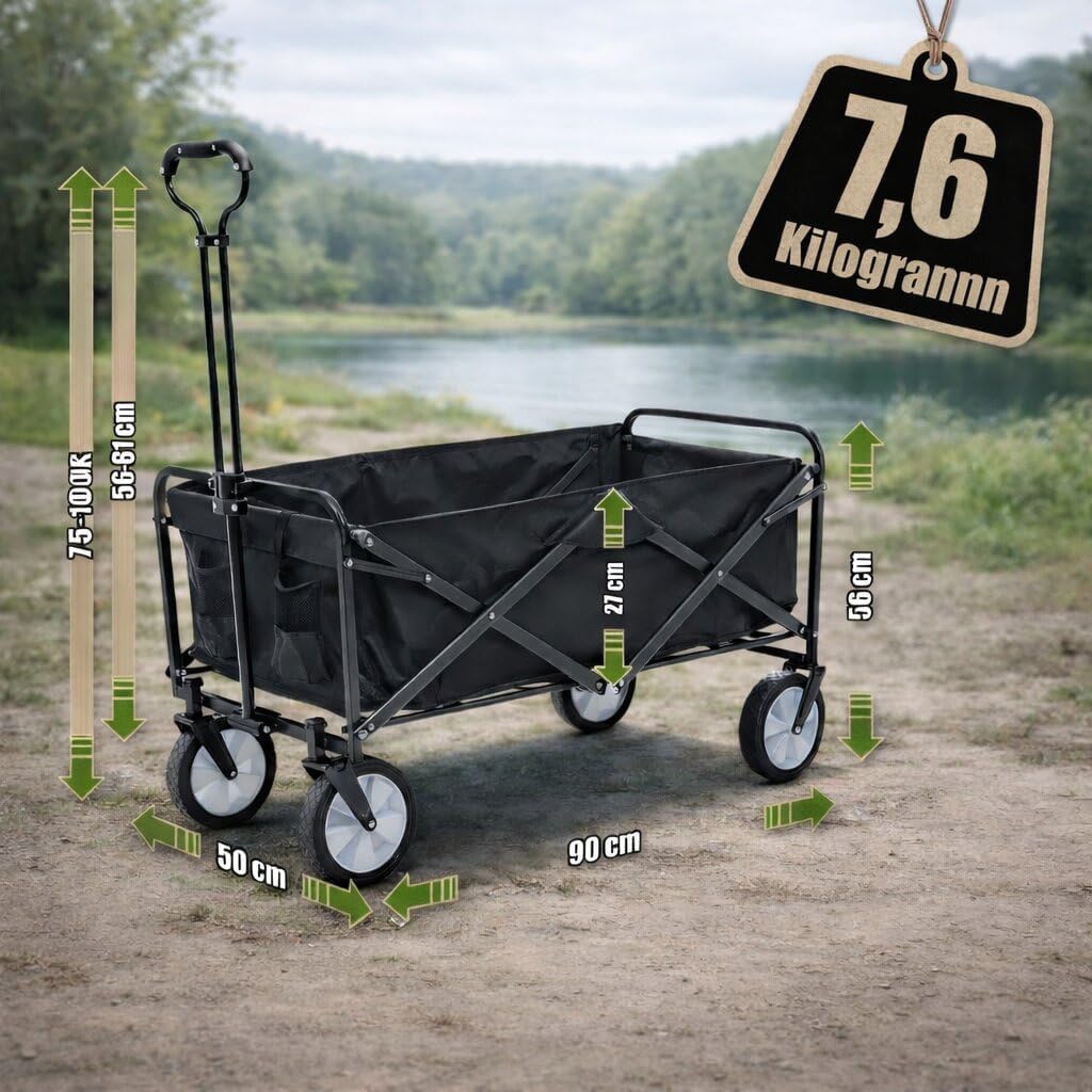 BigDean Bollerwagen faltbar 105L, bis 100 kg belastbar – klappbarer Handwagen mit ausziehbarer Deich