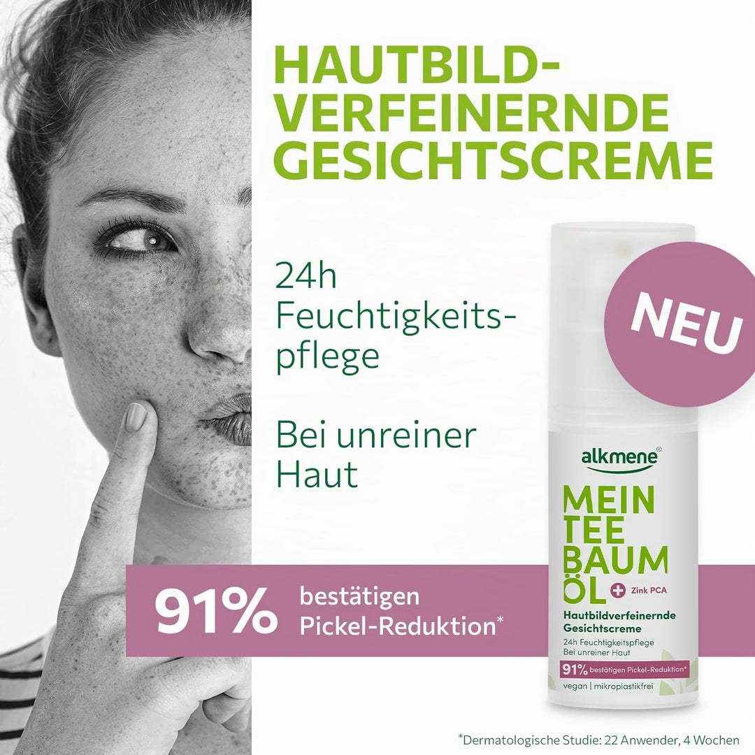 alkmene Mein Teebaumöl Gesichtscreme 3x 50 ml Pickel Reduktion 91% bestätigt - Naturreines Teebaumöl