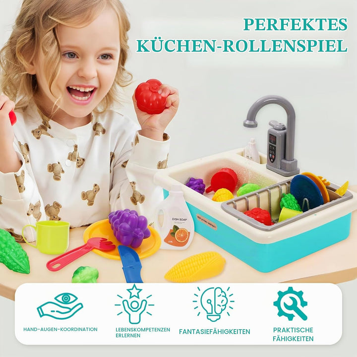 Spielspüle Kinder,Küchenspüle Spielzeug Set mit Wasserkreislauf,Elektrischem Wasserhahn,Rollenspiel-