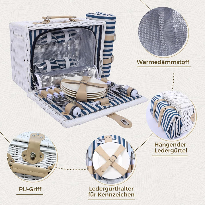 Picknickkorb Set für 4 Person mit Kühlfach und wasserdichte Picknickdecke, Abnehmbarer Riemen, Beste