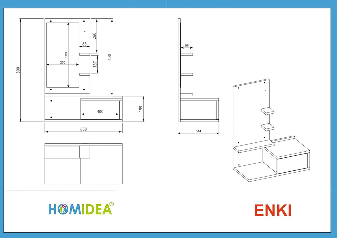 Homidea ENKI Flurmöbel hängend - Spiegelschrank - Hängeschrank - Wandschrank für den Eingangsbereich