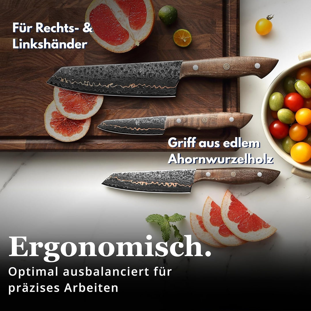 Wakoli Kawa 3er Damastmesser Set aus 67 Lagen Damaststahl mit VG-10 Kern, Kupfereinlage und Ahornwur