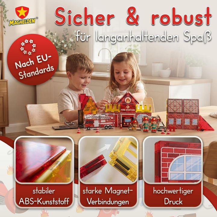 Magnetische Bausteine Feuerwehrstation 70 Teile - Magnetbausteine & Magnetspiel mit integrierten Fig