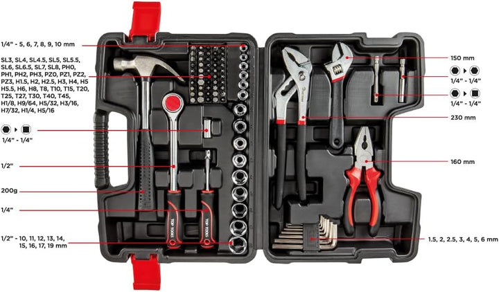 TOP TOOLS Werkzeugkoffer 81-teilig 1/4 & 1/2 Zoll – Steckschlüsselsatz mit Knarre, Zangen, Hammer &