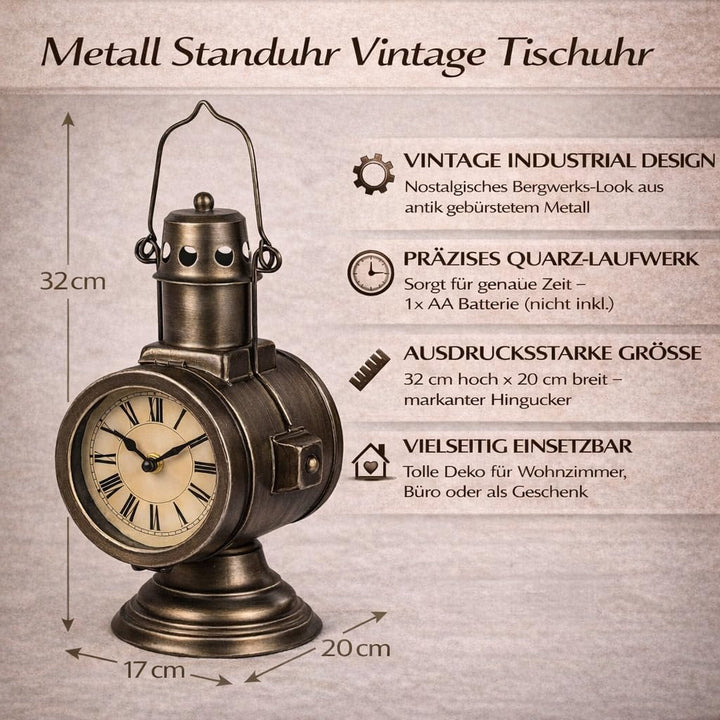 formano Metall Standuhr Vintage im Grubenlampen Design Tischuhr 32 cm im Industrial Stil, Quarz Lauf