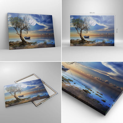 Bilder auf Leinwand 100x70cm Leinwandbild mit Rahmen Nacht Mond Boot Gross Wanddeko Bild Schlafzimme