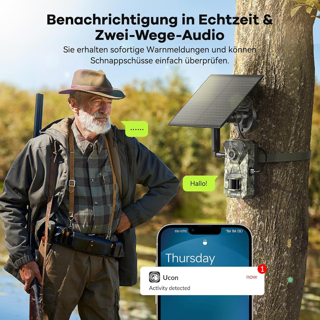 DEATTI 4G LTE Wildkamera mit Handyübertragung APP, 2.7K Solar Wildkamera mit SIM Karte, PIR Bewegung
