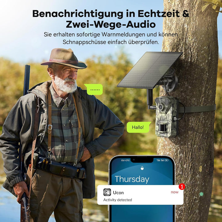 DEATTI 4G LTE Wildkamera mit Handyübertragung APP, 2.7K Solar Wildkamera mit SIM Karte, PIR Bewegung