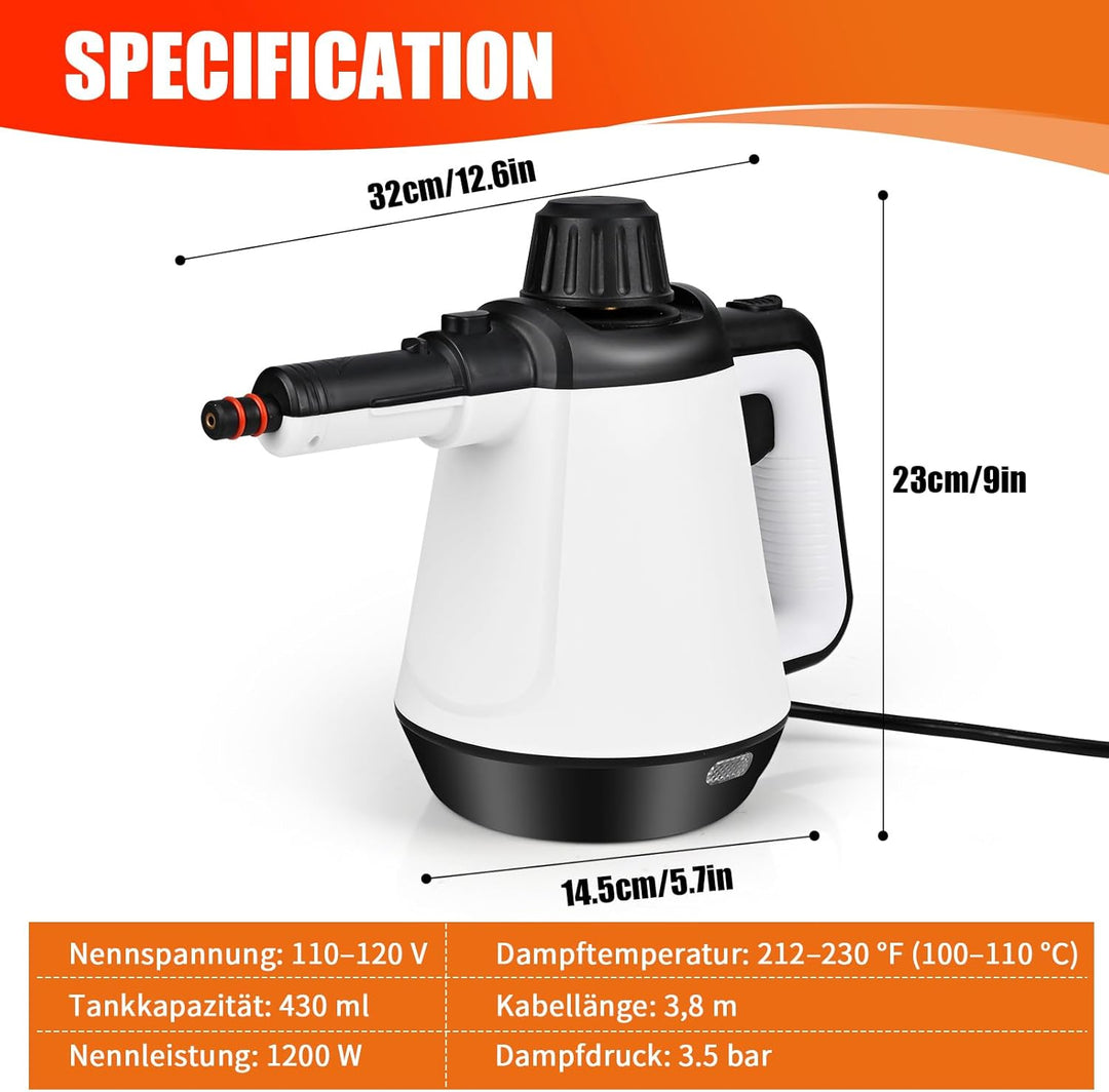 Dampfreiniger Boden 430ml, 1200W 3,5 Bar Dampfreiniger für Alles mit 9 Zubehör, Hochdruck-Dampfreini