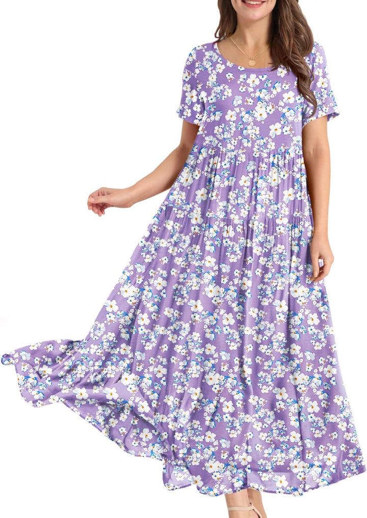 YESNO Damen Kleider Freizeit Lose Sommerkleid Lang Boho Maxikleid für Rundhals Strandkleid Blumenkle