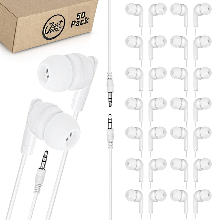 JustJamz® Basic | 50 Stück | Schüttgut einfache Ohrhörer, perlweisse In-Ear-Ohrhörer, 3.5-mm-Audiobu