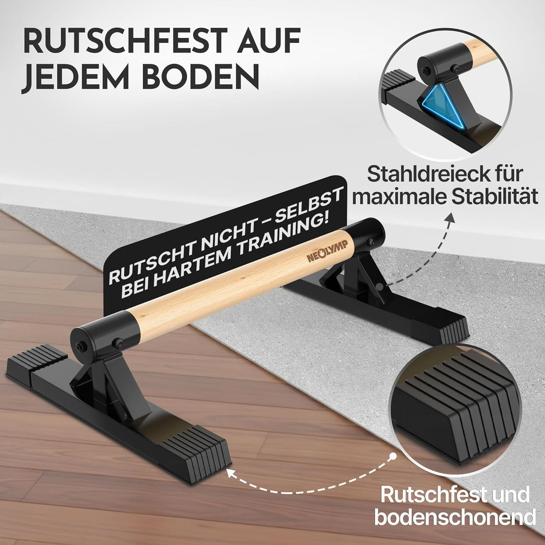 NEOLYMP 2er Set handgelenkschonende Holz Liegestützgriffe mit Calisthenics-Übungen - handgefertigten