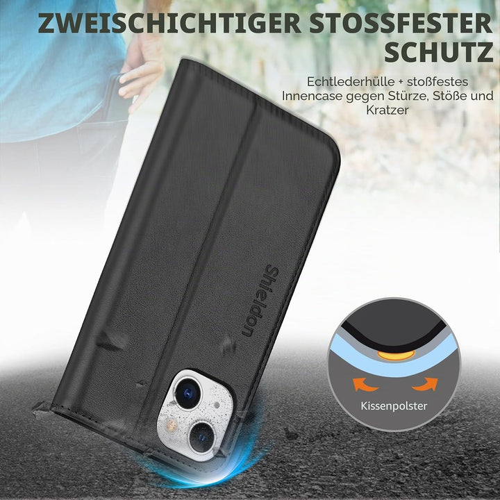 SHIELDON Hülle für iPhone 13 5G Handyhülle [Echtleder] [Stossfest] [Kartenfach] [Magnet] [Standfunkt