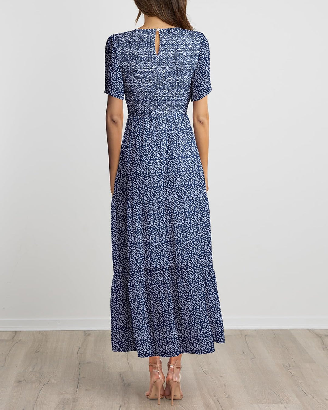 BTFBM Lässiges Sommerkleid für Damen, kurzärmelig, mit Rundhalsausschnitt, Boho-Stil, mit Blumendruc