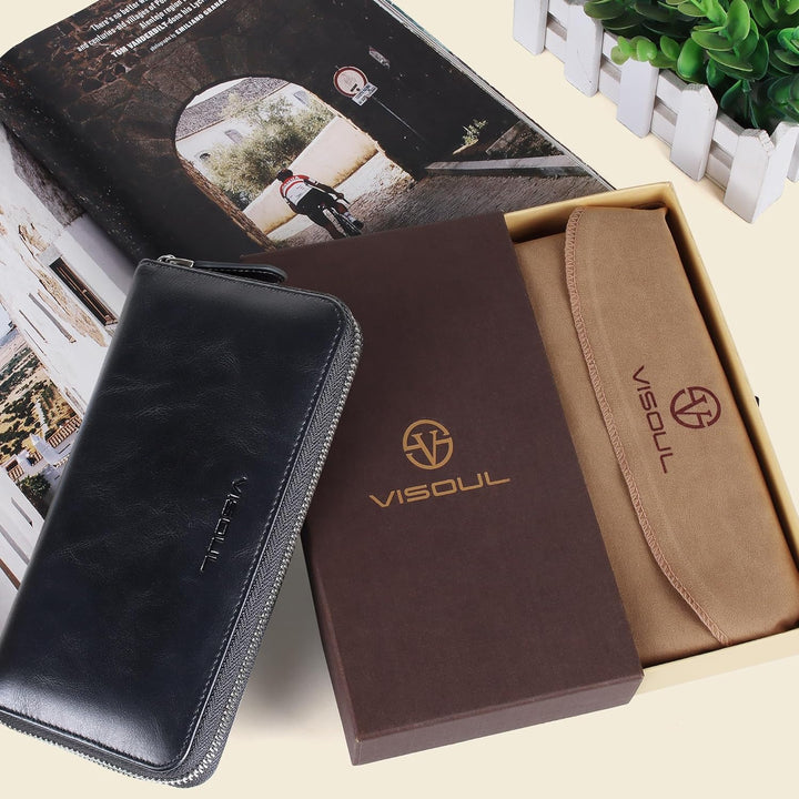 VISOUL Premium Brieftasche Echtleder/Italienisches Leder mit RFID-Schutz, XXL Geldbörse Schwarz L02,