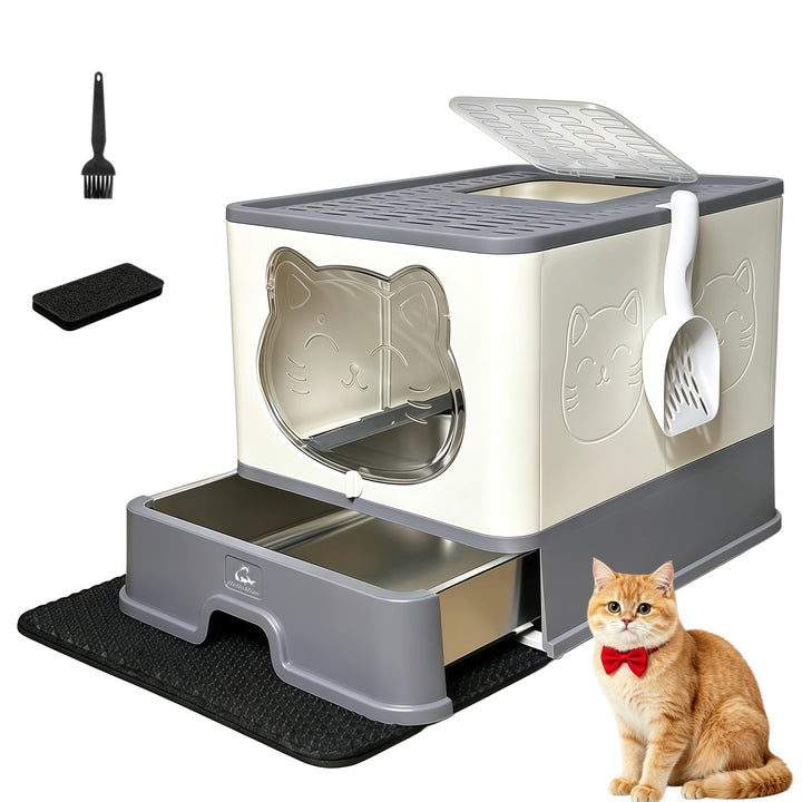 XL Geschlossene Katzentoilette mit Edelstahlschublade und Deckel, extra gross, auslaufsicher und ger