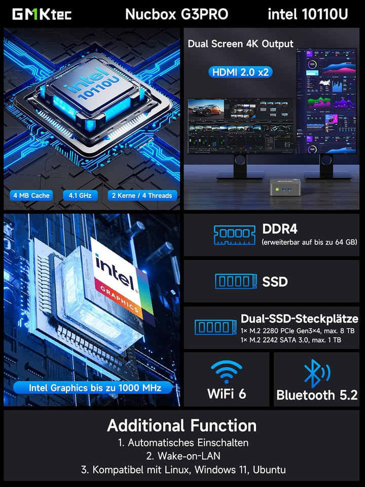 GMKtec G3 Pro Mini PC, 8 GB RAM 256 GB SSD M.2 Intel i3-10110U 4,1 GHz Mini Desktop-PC mit VESA-Unte