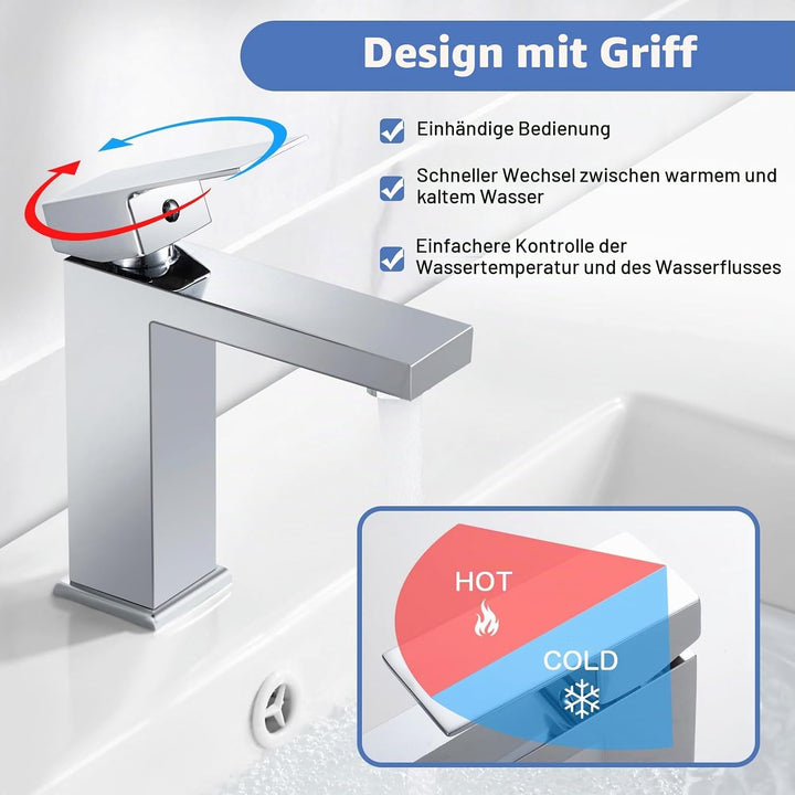 Wasserhahn Bad Waschtischarmatur Chrom mit Pop-Up Ablaufgarnitur, Eckig Wasserhähne Bad mit Auslauf