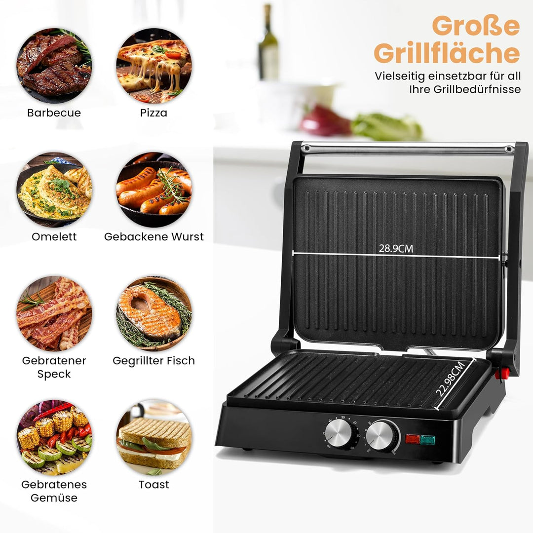 Pukomc Kontaktgrill, 1800W Contact Grill Plattengriller mit Antihaftbeschichtung, 60 Minuten Timer,