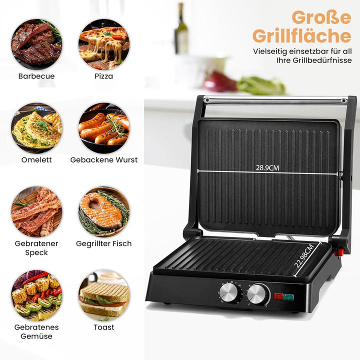 Pukomc Kontaktgrill, 1800W Contact Grill Plattengriller mit Antihaftbeschichtung, 60 Minuten Timer,