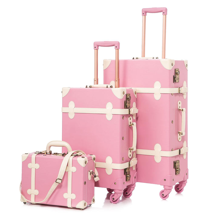 Unitravel Vintage Kofferset 3 Teilig, Retro PU-Leder Reisekoffer mit Kosmetikkoffer für Damen, Hell