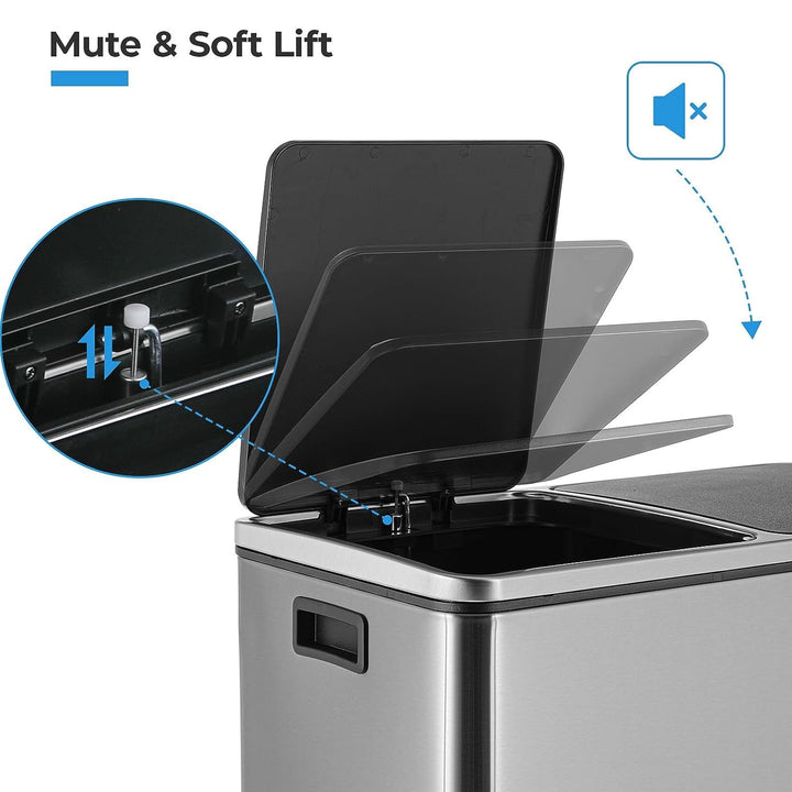 LIFERUN Mülleimer 2 Fächer, Abfalleimer Küche 60L (2x 30 Liter), aus Metall, mit Softclose Deckel, 2